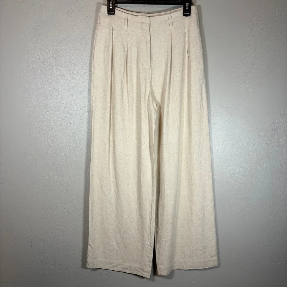 HM Womens Beige Linen Blend High Waisted Pleated Wide Leg Trousers Pants Size 4